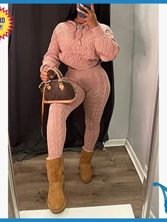 Cable Knit Sweater Set with Hooded Crop Top and High Waist Pants - Picture 4 of 6